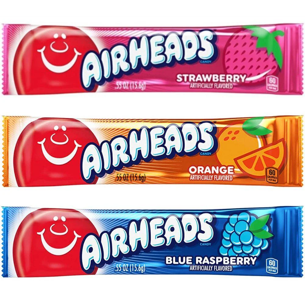 3 Airheads, drei Fruchtbonbons in verschiedenen Geschmacksrichtungen