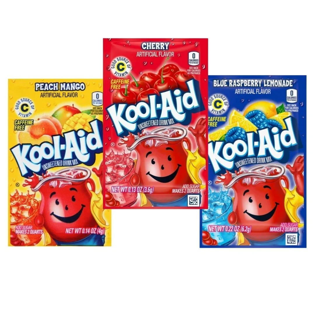 3 Kool Aid, drei Pulvergetränke für Fruchtgetränke in verschiedenen Geschmacksrichtungen zu je 3,9g