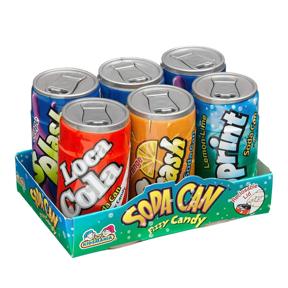 Soda Can Fizzy Candy 6er-Pack, Mini-Dosen mit sprudelnden Fruchtbonbons à 42g